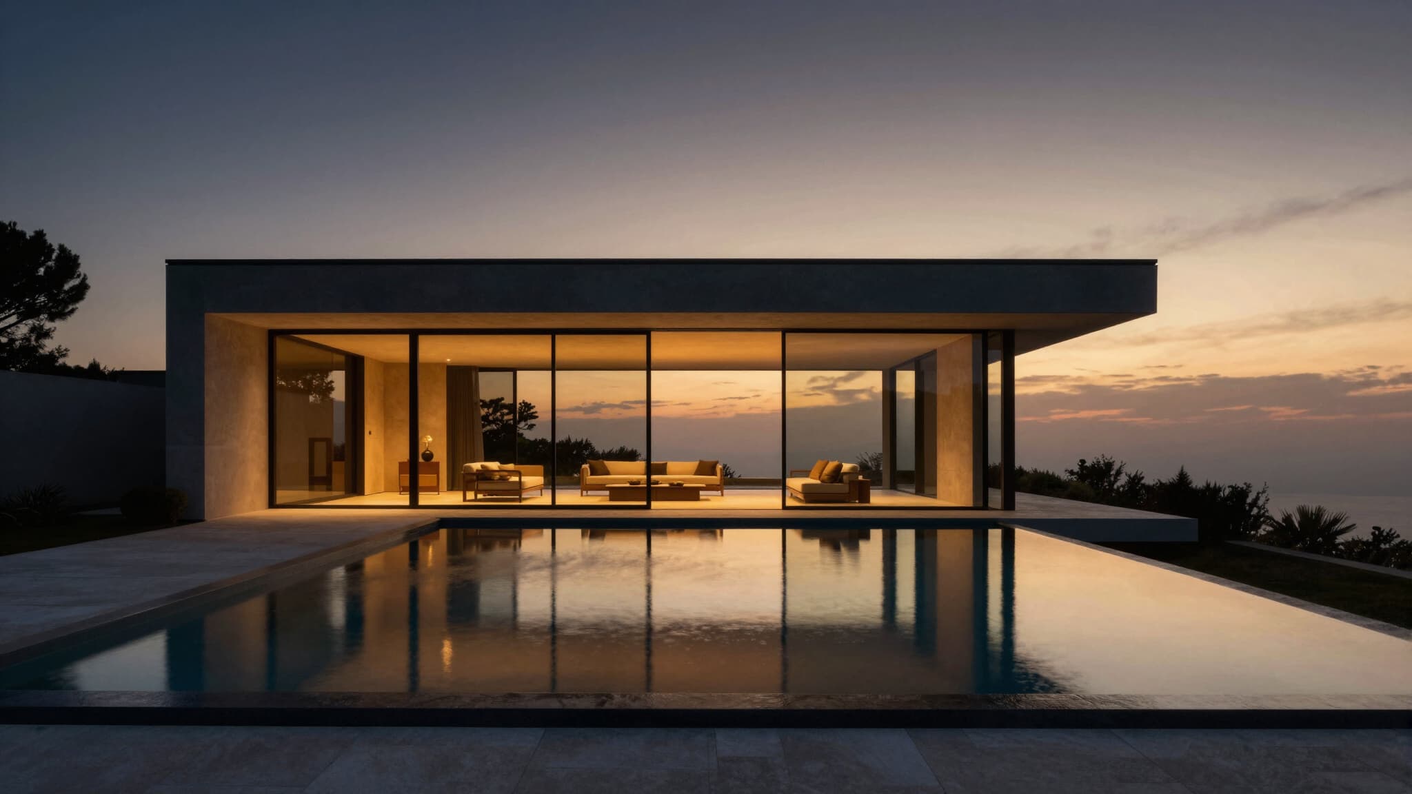 A modern Guanacaste estate at dusk, its pool reflecting the lit interior